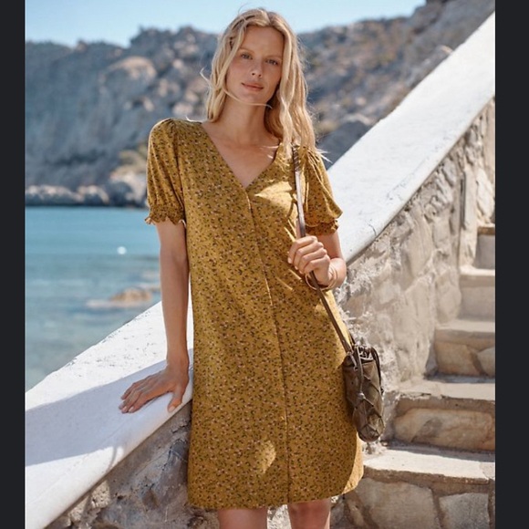 Garnet Hill Solarium‎ Mustard Yellow Floral Puff Sleeve Knit Casual Dress Small - Picture 1 of 7